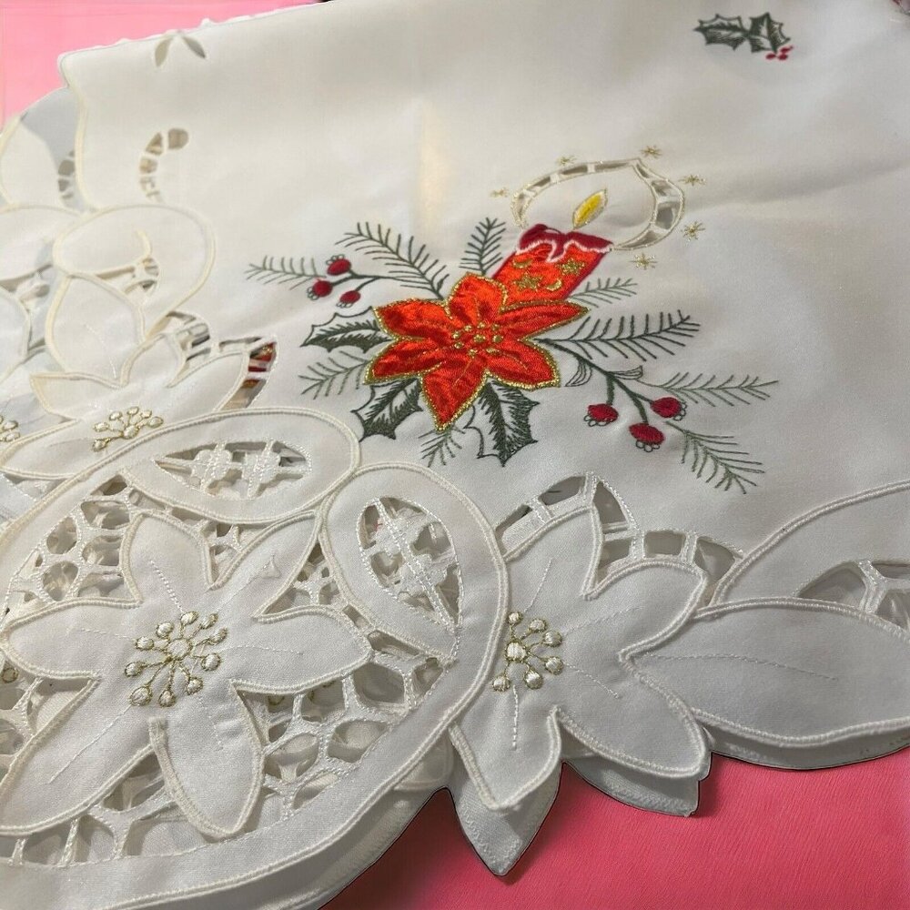 Embroided Poinsettia Christmas End Table Topper Tablecloth Linen READ 33” x 33”